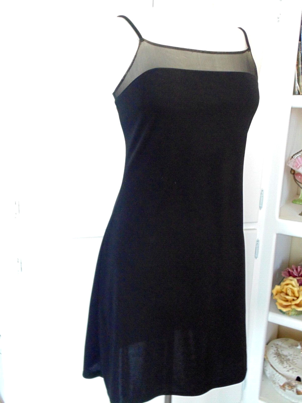 Vtg ECRU STUDIO Short Sexy Little Black Dress Spaghetti Strap EDM Mesh Top sz M